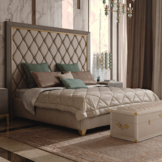 Italian Designer Art Deco Inspired Upholstered Bed with Tall Headboard