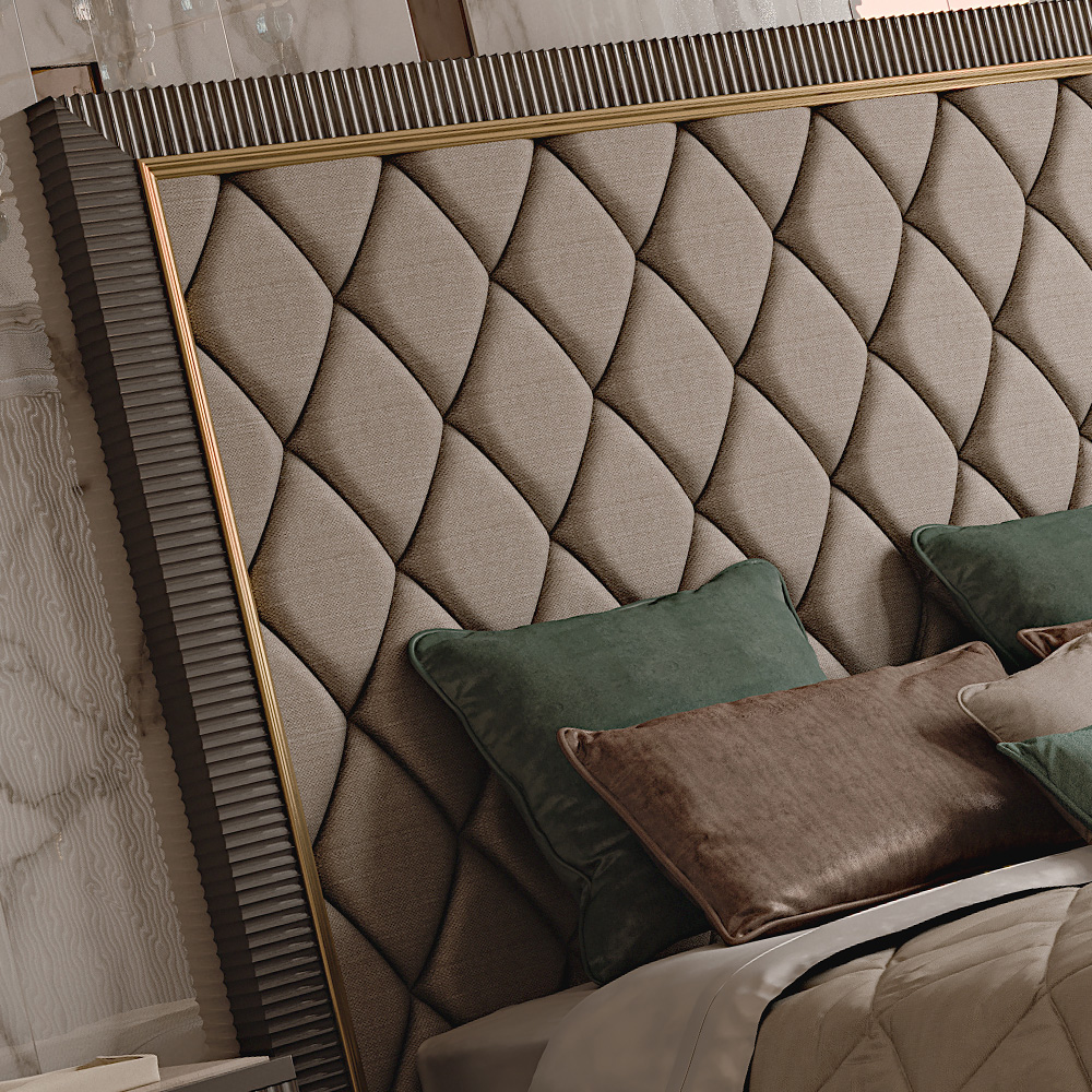 Italian Designer Art Deco Inspired Upholstered Bed with Tall Headboard