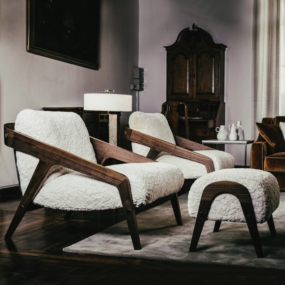 Italian Designer Contemporary Furry Walnut Arm Chair and Footstool