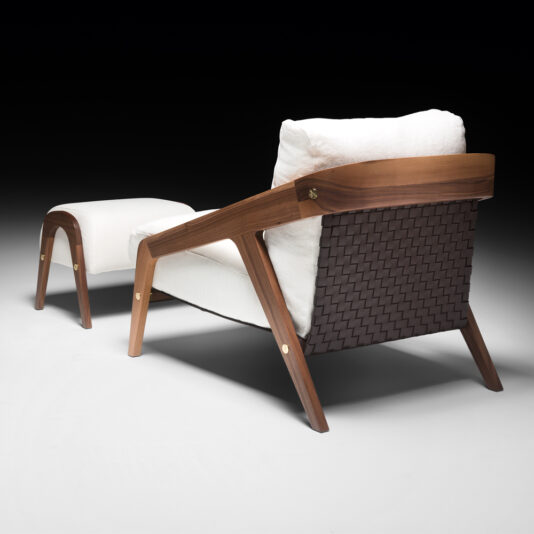 Italian Designer Contemporary Walnut Arm Chair and Footstool