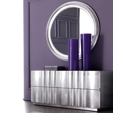 Designer Glossy Large Silver Leaf Round Mirror Italian Designer Glossy Silver Leaf Chest of Drawers and Mirror Set