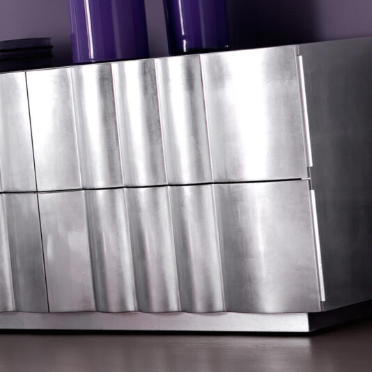 Italian Designer Glossy Silver Leaf Chest of Drawers and Mirror Set