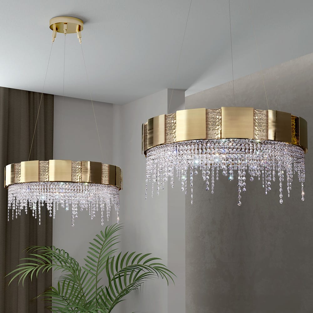 Designer Gold Plated Round Chandelier With Crystal Drops