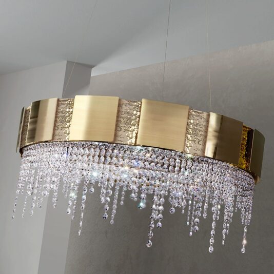 Italian Designer Gold Plated Round Chandelier With Crystal Drops