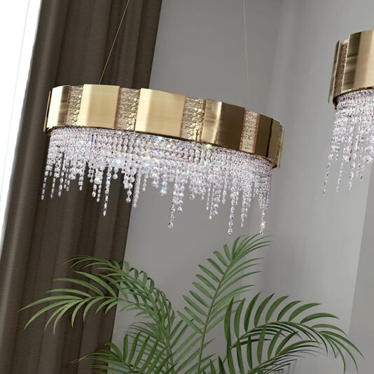Italian Designer Gold Plated Round Chandelier With Crystal Drops