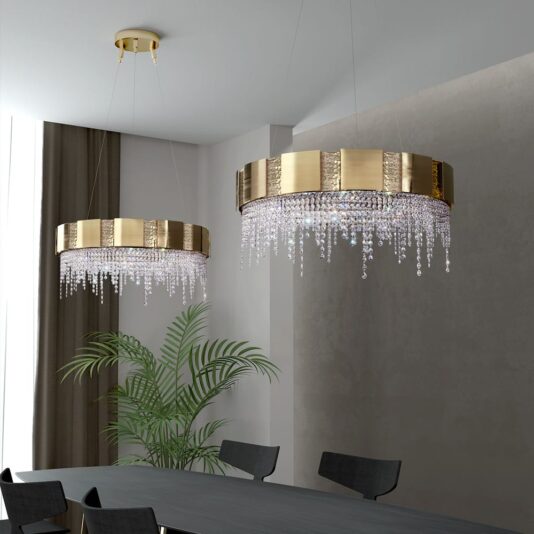 Italian Designer Gold Plated Round Chandelier With Crystal Drops