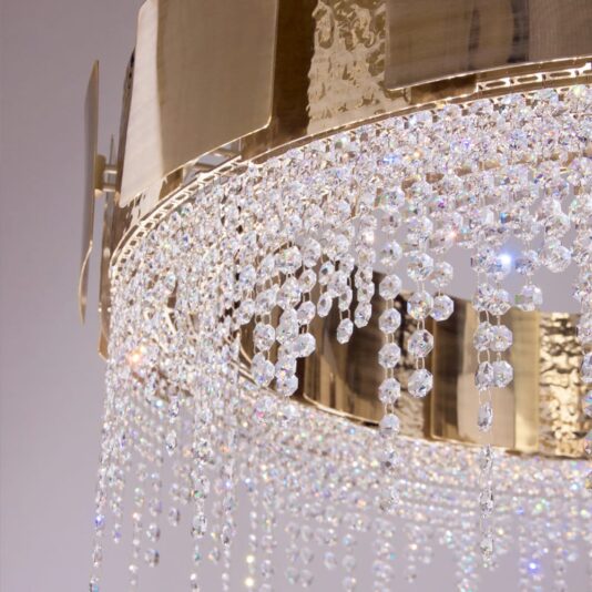 Italian Designer Gold Plated Round Chandelier With Crystal Drops