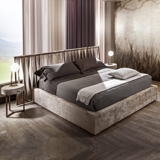 Italian Designer High End Bed With Twisted Leather Headboard Italian Designer High End Bed With Twisted Leather Headboard
