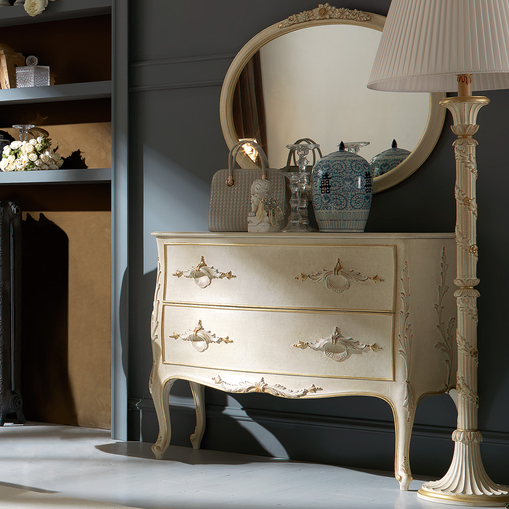 Italian Designer Ivory Chest of Drawers and Mirror Set