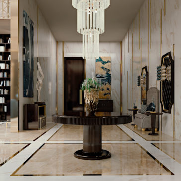 Italian Designer Lacquered Art Deco Inspired Dining Table A luxurious, modern interior featuring an Italian Designer Lacquered Art Deco Inspired Dining Table with a grand chandelier, marble floors, and elegant wall art. A circular table with a large plant centerpiece enhances the chic ambiance. In the background, chairs and a bookshelf add to the sophistication.