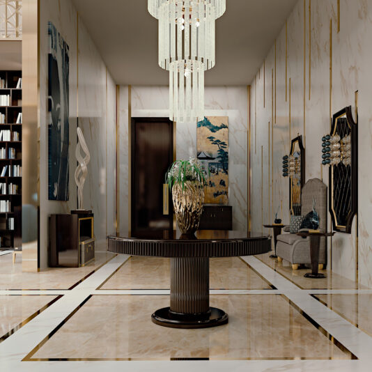 Italian Designer Lacquered Art Deco Inspired Dining Table A luxurious, modern interior featuring an Italian Designer Lacquered Art Deco Inspired Dining Table with a grand chandelier, marble floors, and elegant wall art. A circular table with a large plant centerpiece enhances the chic ambiance. In the background, chairs and a bookshelf add to the sophistication.