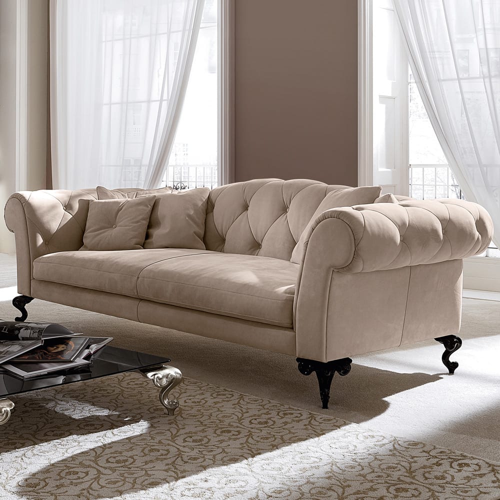 Italian Designer Nubuck Leather Button Upholstered Sofa