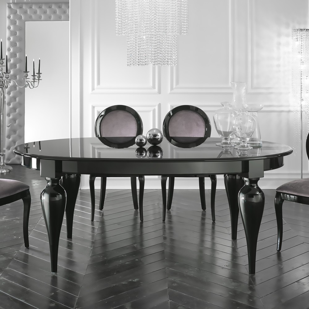 Italian Designer Oval Extendable Black Lacquered Dining Table