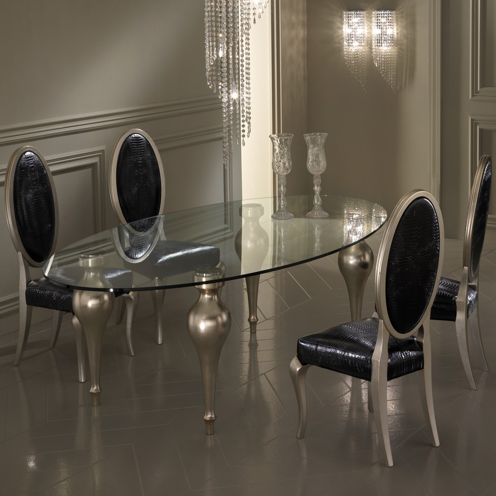 Italian Designer Oval Glass Dining, Oval Glass Dining Table And 6 Chairs