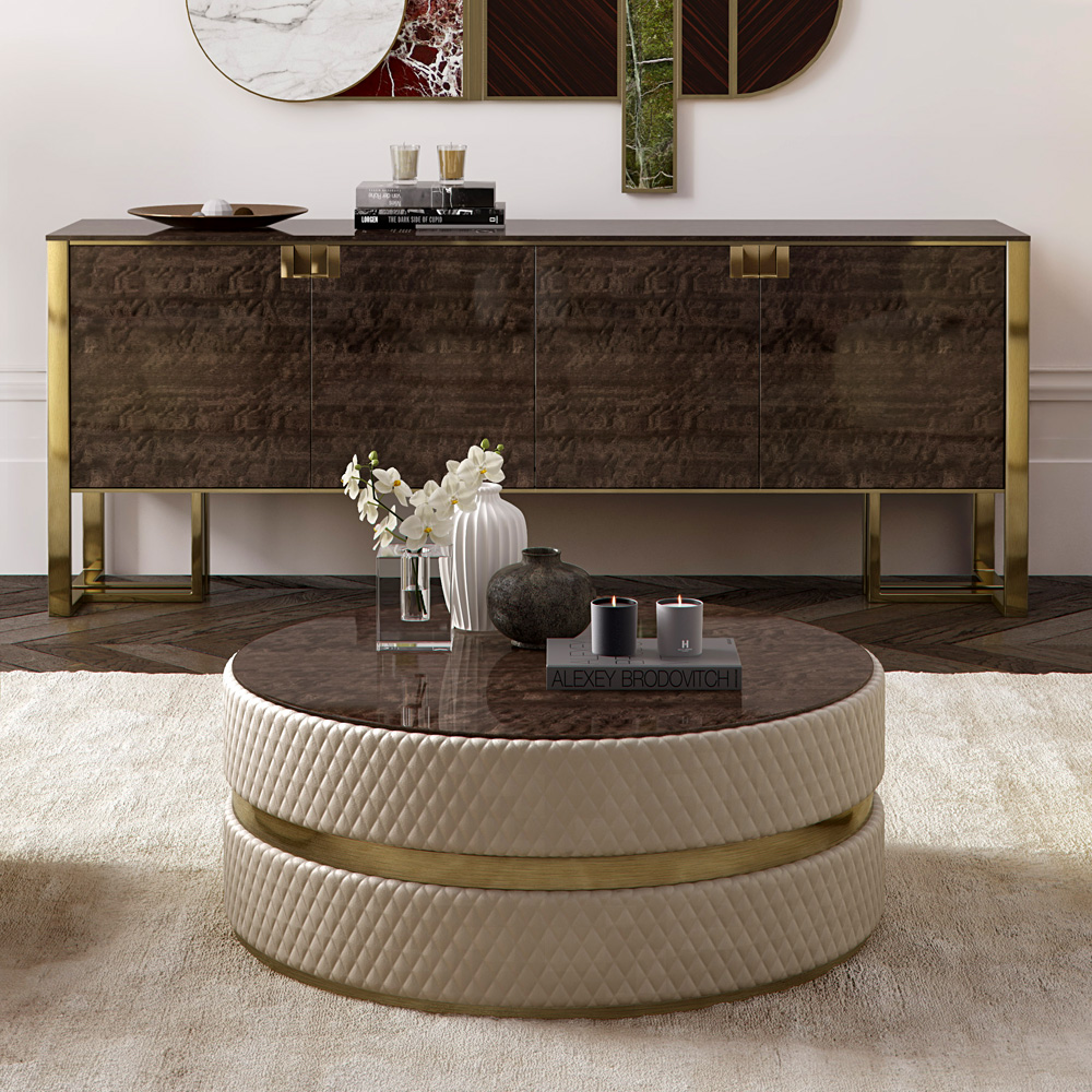 Italian Designer Quilted Leather Veneered Round Coffee Table