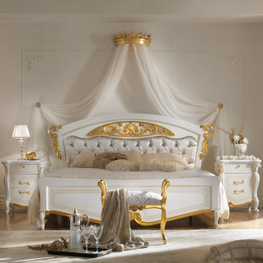 Italian Elaborately Carved Button Upholstered Bed