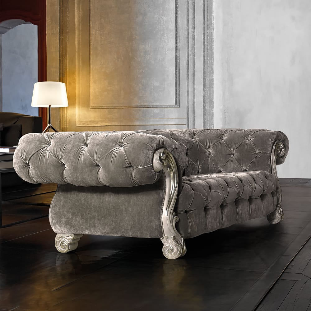 Italian Grey Velvet Button Upholstered Two Seater Sofa