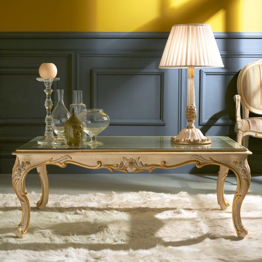 Italian Ivory And Gold Glass Coffee Table With Ornate Carvings