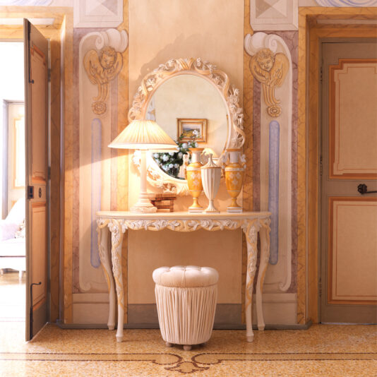 Ivory Velvet Button Upholstered Stool Italian Ivory and Gold Console Table and Mirror Set