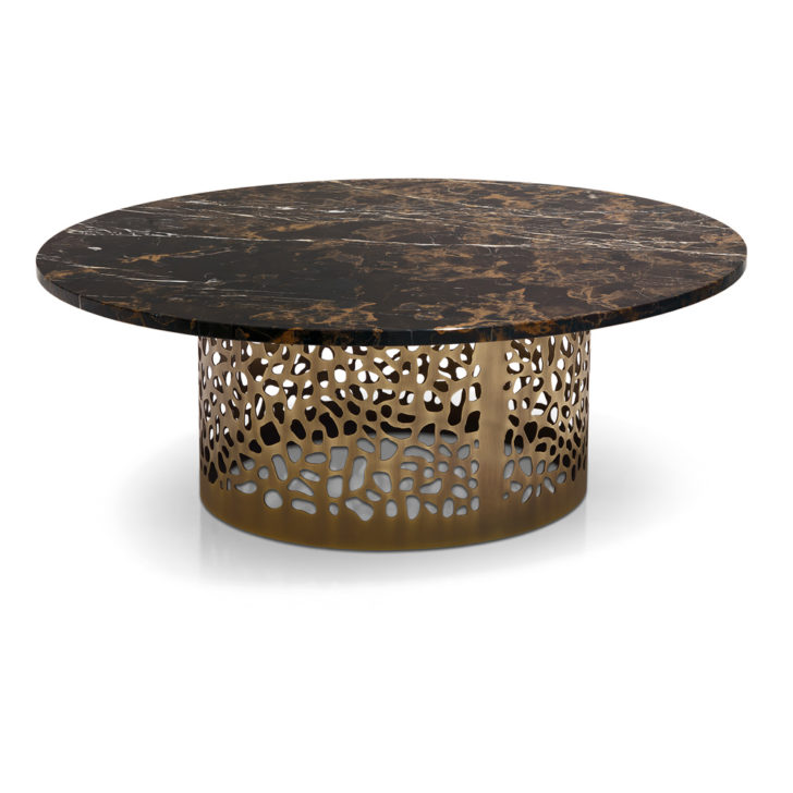 Italian Laser Cut Bronzed Metal Round Marble Coffee Table
