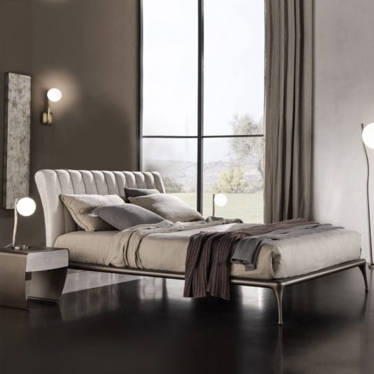 Italian Modern Designer Bed With Leather Headboard
