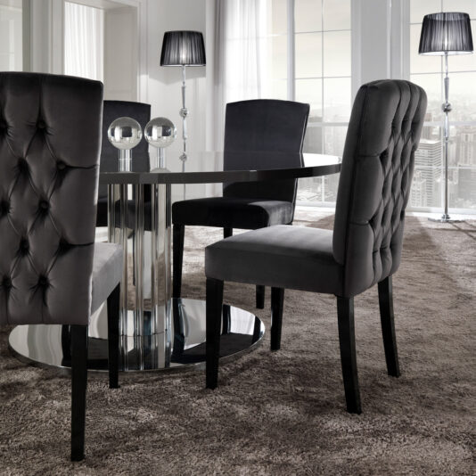 Italian Modern Designer Chrome Round Dining Table Designer Italian Button Upholstered Velvet Dining Chair