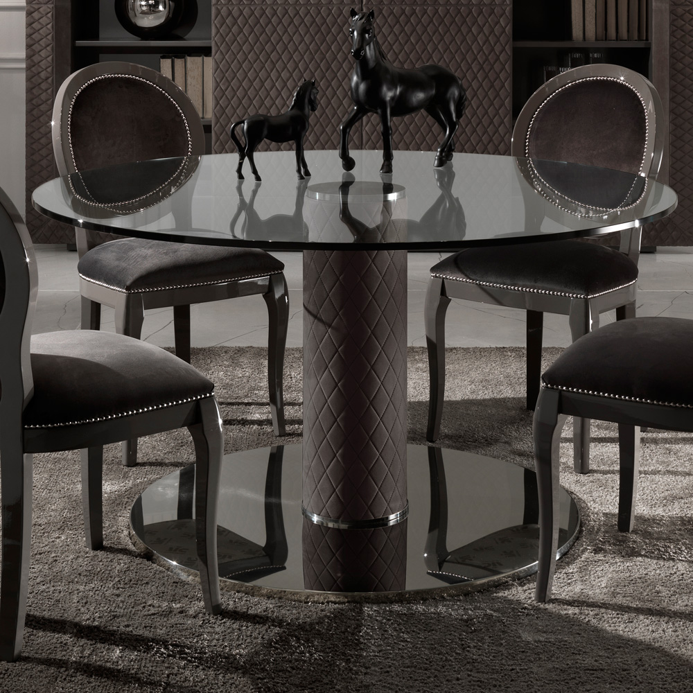 Italian Nubuck Leather Round Glass Dining Table