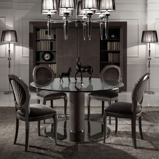 Italian Nubuck Leather Round Glass Dining Table Italian Nubuck Leather Round Glass Dining Table and Chairs Set