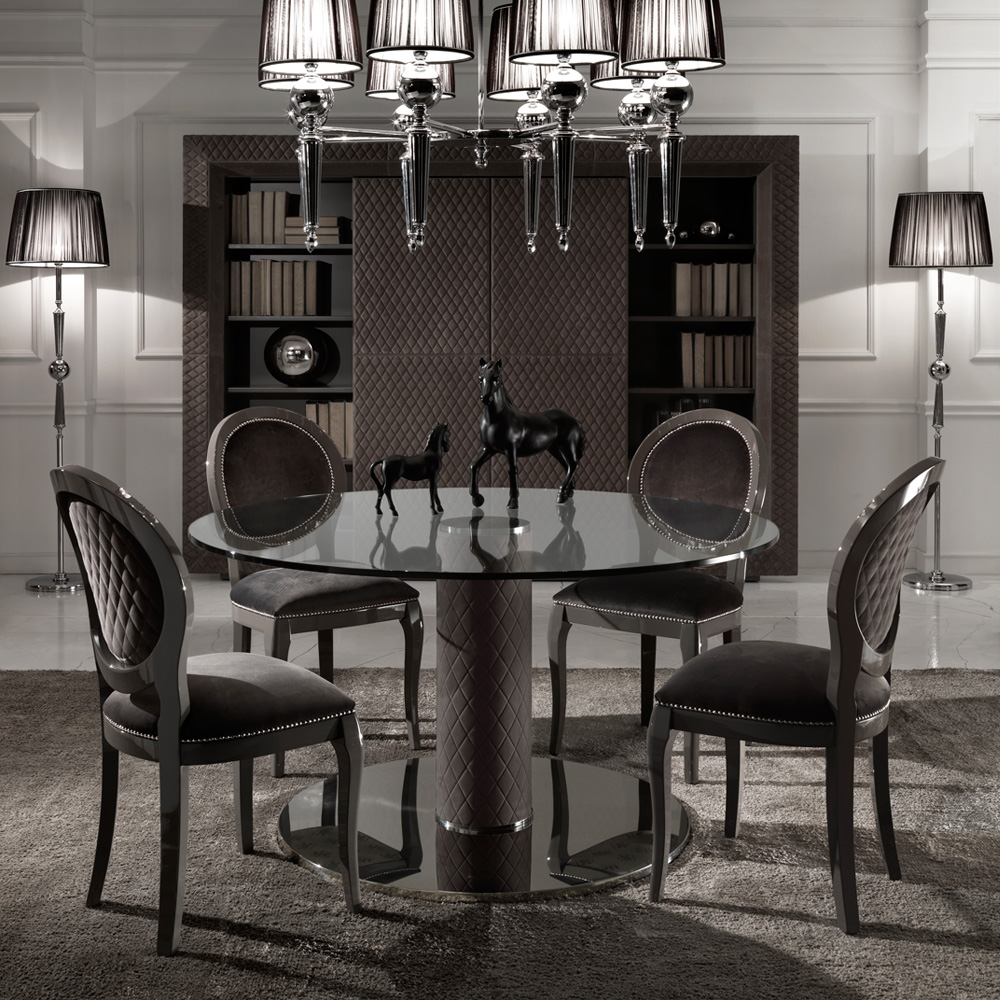 Italian Nubuck Leather Round Glass Dining Table and Chairs Set