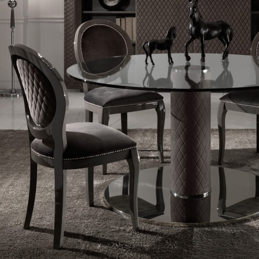 Italian Nubuck Leather Round Glass Dining Table Elegant Velvet Lacquered Dining Chair