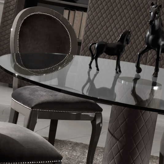 Italian Nubuck Leather Round Glass Dining Table Italian Nubuck Leather Round Glass Dining Table and Chairs Set