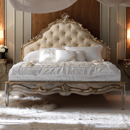 Italian Silver Leaf Rococo Button Upholstered Bed