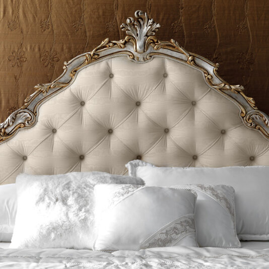 Italian Silver Leaf Rococo Button Upholstered Bed Italian Silver Leaf Rococo Button Upholstered Bed