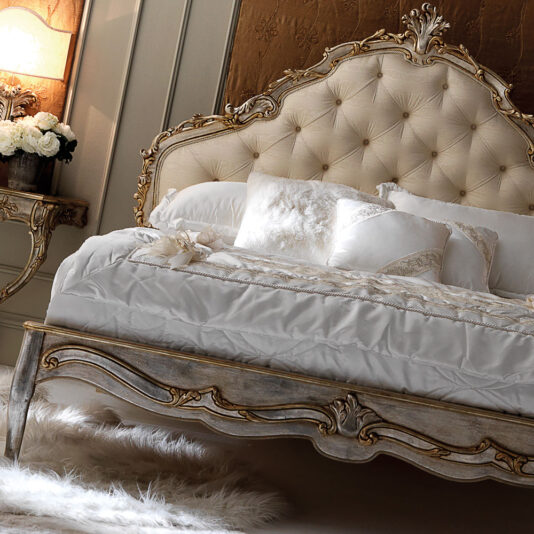 Italian Silver Leaf Rococo Button Upholstered Bed Italian Silver Leaf Rococo Button Upholstered Bed