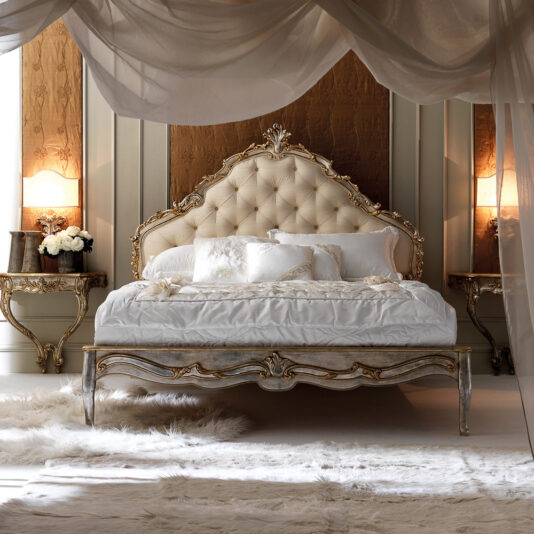 Italian Silver Leaf Rococo Button Upholstered Bed Italian Silver Leaf Rococo Button Upholstered Bed