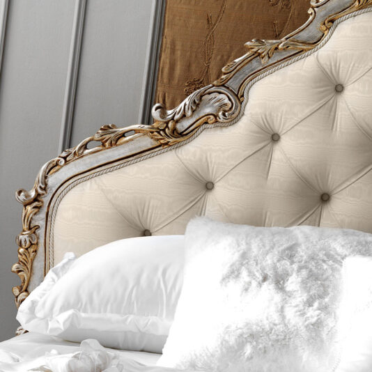 Italian Silver Leaf Rococo Button Upholstered Bed Italian Silver Leaf Rococo Button Upholstered Bed