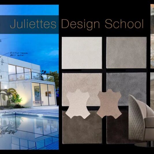 Design School Booking A collage featuring modern architectural sketches of a building with handwritten notes, showcasing the text