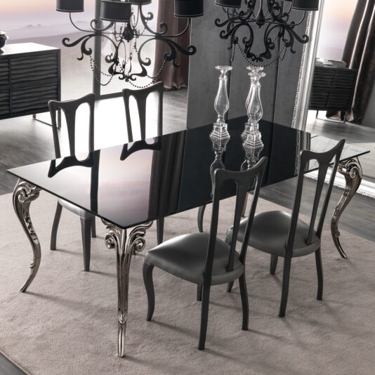 Large Black Lacquered Glass Dining Table Set