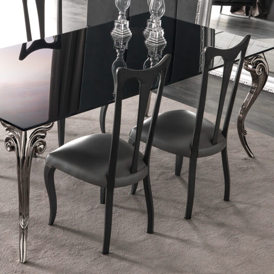 Large Black Lacquered Glass Dining Table Set