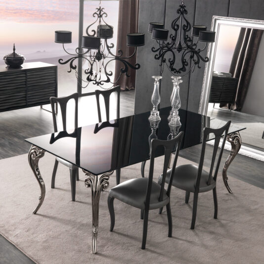 Large Black Lacquered Glass Dining Table Set