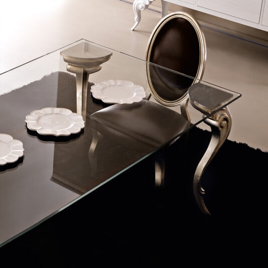 High Backed Leather Oval Designer Chair Large Glass Champagne Leaf Dining Table Set