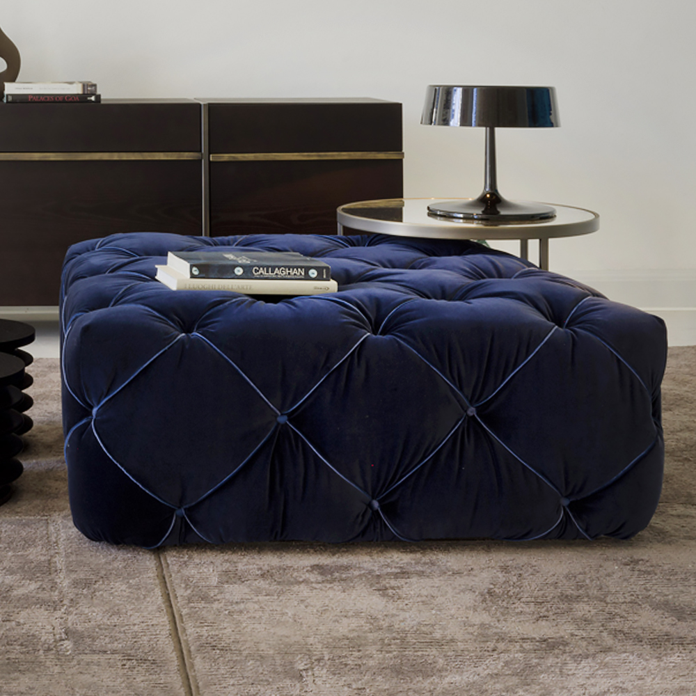 Floor seating, Large Italian Blue Velvet Button Upholstered Pouffe