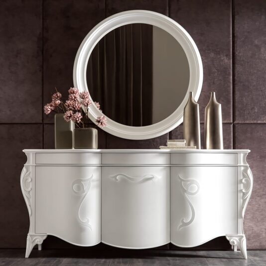 Large Italian Round White Mirror Italian Elaborate 3 Door Cabinet And Mirror Set