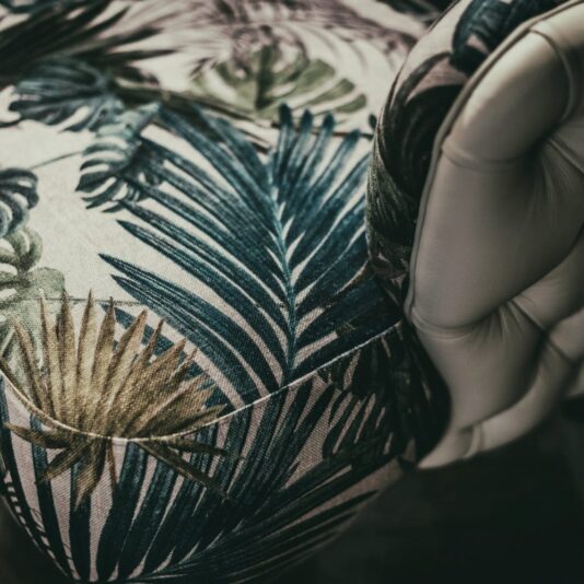 Leather Button Upholstered Designer Botanical Print Tub Chair Leather Button Upholstered Designer Botanical Print Tub Chair
