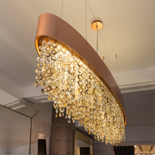 Long Oval Copper Leaf Contemporary Chandelier With Amber Tone Crystals Long Oval Copper Leaf Contemporary Chandelier With Amber Tone Crystals