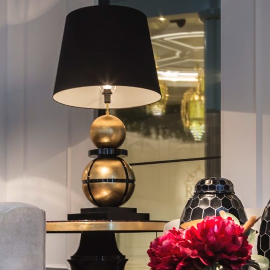 Luxurious Large Black Lacquered And Gold Leaf Orbs Table Lamp