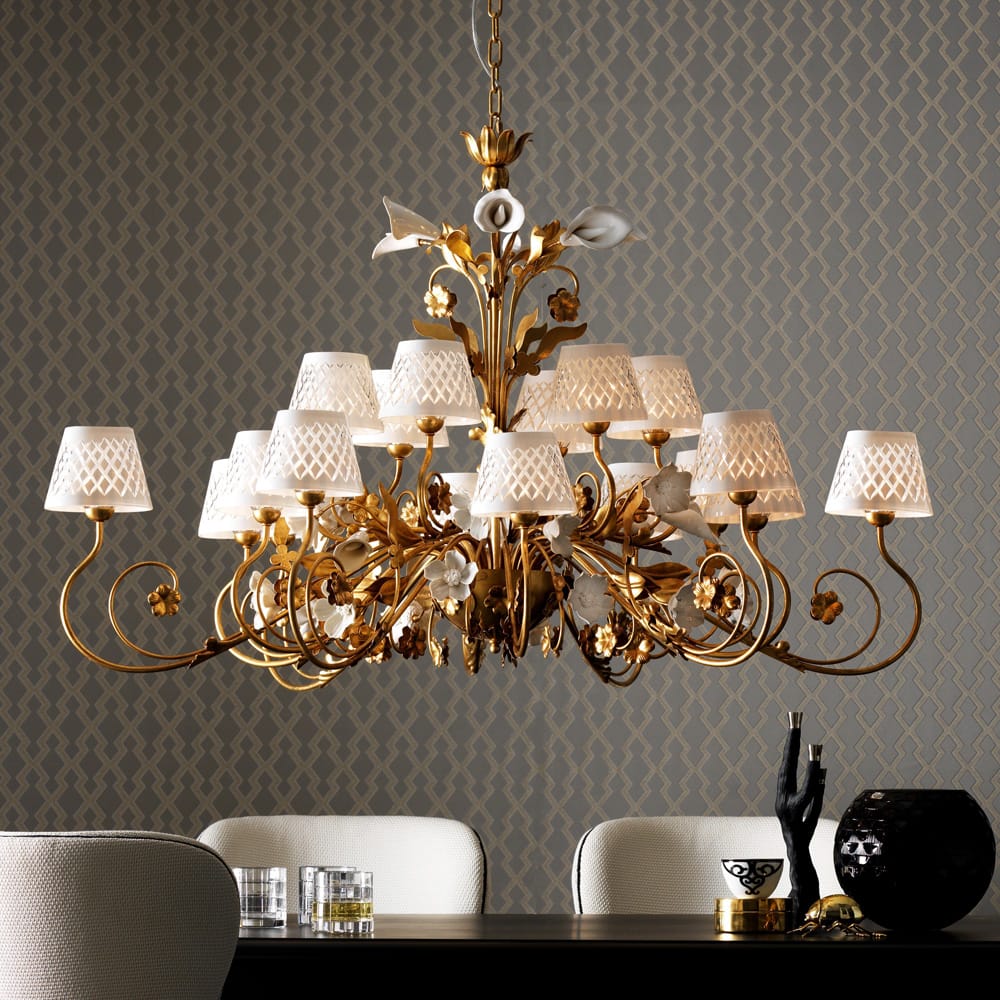 Luxury 18 Light Gold Leaf Italian Chandelier With Porcelain Flower Detail