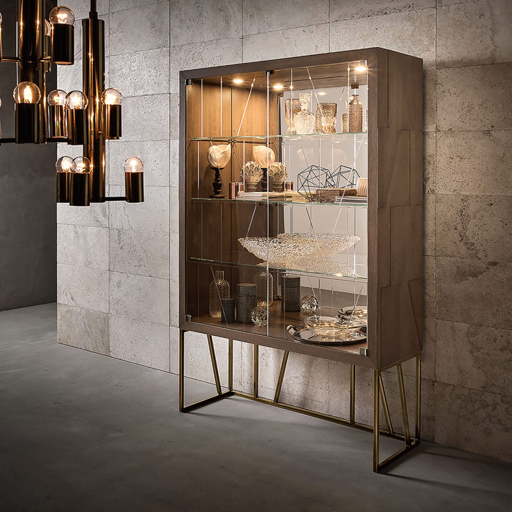 High End Contemporary Oak Brass Display Cabinet