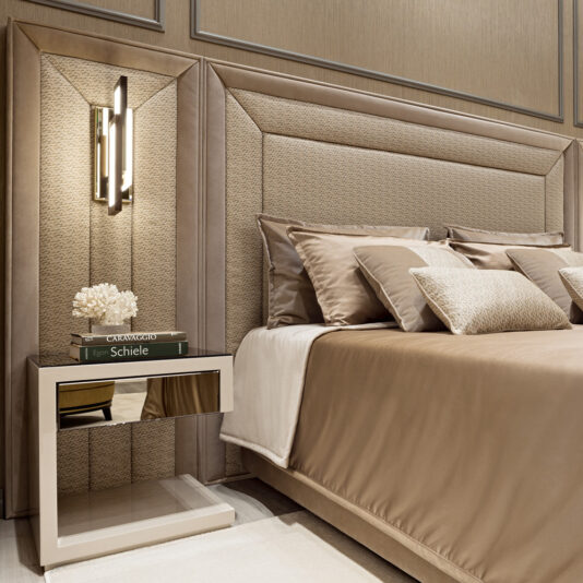 Luxury Italian Designer Upholstered Bed With Extended Headboard Luxury Italian Designer Upholstered Bed With Extended Headboard