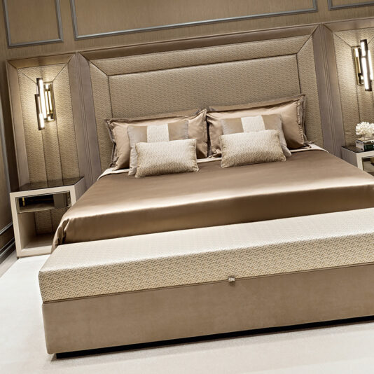 Luxury Italian Designer Upholstered Bed With Extended Headboard Luxury Italian Designer Upholstered Bed With Extended Headboard